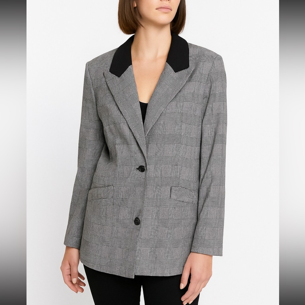 Rumored Double Button Plaid Oversized Blazer Black‎ White Small NWT